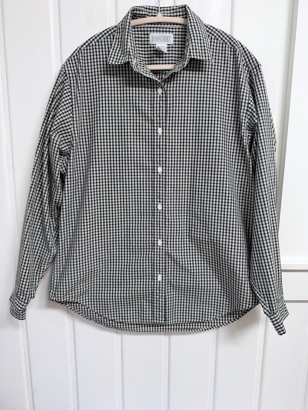 Lands’ End Women’s Black White Gingham Plaid Button Front Shirt Size 12